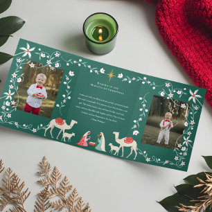 Christmas Religious Nativity Scene Family Photo Tri-Fold Holiday Card
