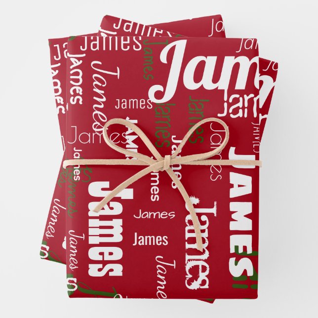Christmas Repeating Name Red White Green Gift Wrapping Paper Sheet (In situ)