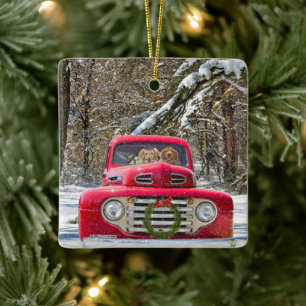 Christmas Retrievers In Retro Truck Ceramic Ornament