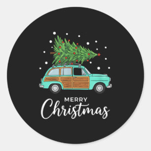 Christmas Retro Car With Christmas Tree - Merry Me Classic Round Sticker
