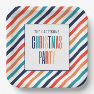 Christmas Retro Colorful Stripes Merry & Bright Paper Plate