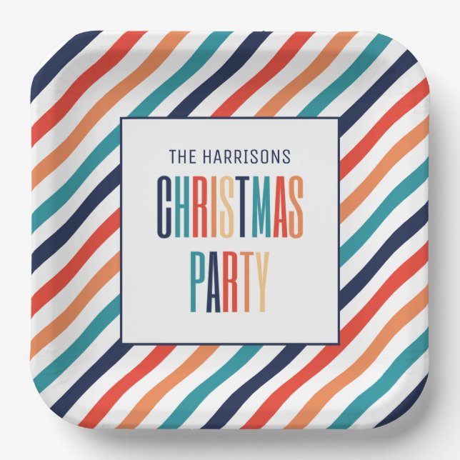 Christmas Retro Colourful Stripes Merry & Bright Paper Plate (Front)