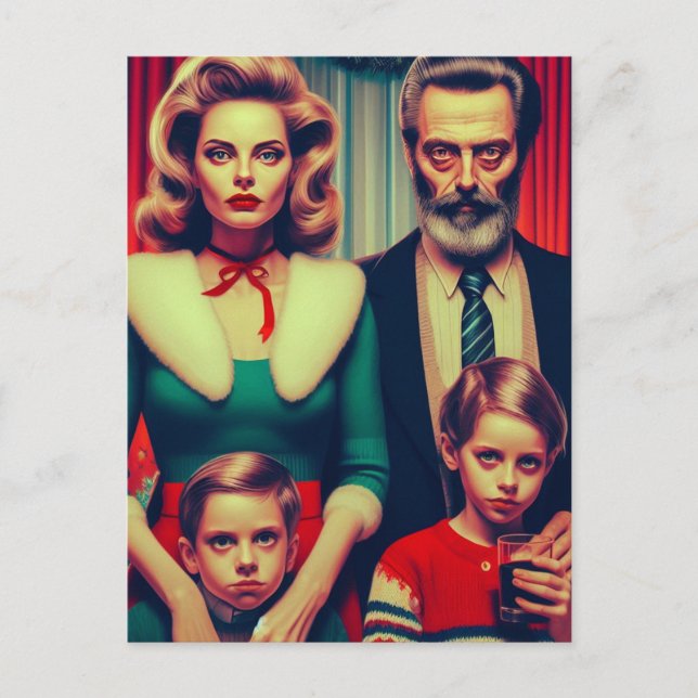 Christmas Retro Creepy Family Portrait Postcard (Front)