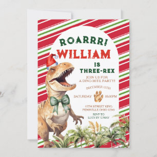 Christmas Retro Dinosaur Bow Watercolor Birthday Invitation