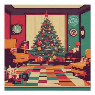 Christmas Retro Living Room with Christmas Tree  Poster