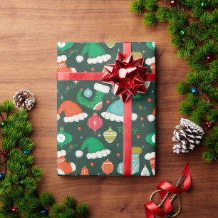 Christmas Retro Ornaments and Stockings Green Wrapping Paper