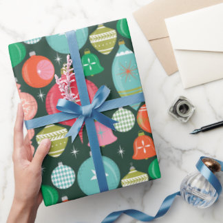 Christmas Retro Ornaments Green Wrapping Paper
