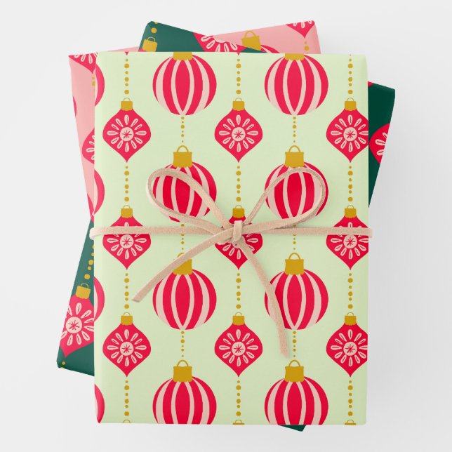 Christmas Retro Ornaments Pink Red and Green Wrapping Paper Sheet (In situ)