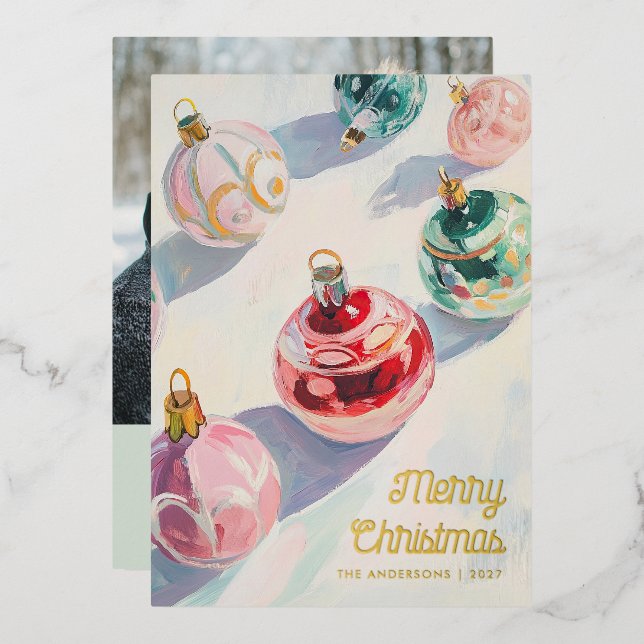 Christmas Retro Painting Pastel Custom Photo Foil Holiday Card (Front/Back)