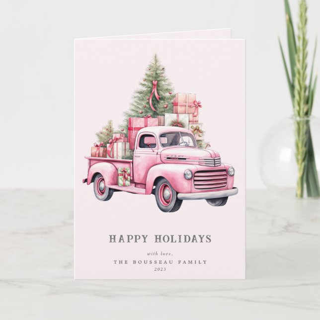 Christmas Retro Pink Truck Family/Corporate Holiday Card (Front)