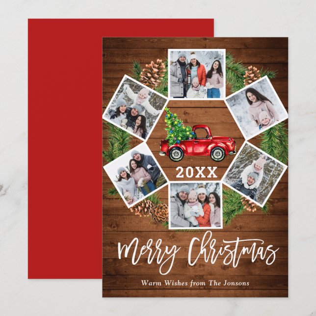 Christmas Retro Red Farm Truck Greeting 6 PHOTO Holiday Card (Front/Back)