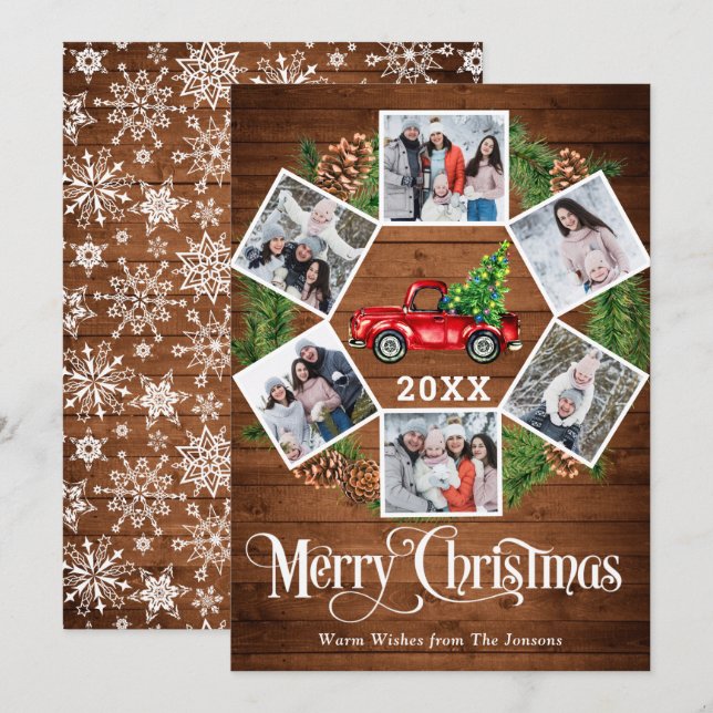 Christmas Retro Red Farm Truck Greeting 6 PHOTO Holiday Card (Front/Back)