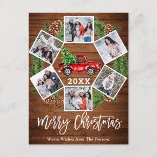 Christmas Retro Red Farm Truck Greeting 6 Photo Postcard