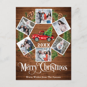 Christmas Retro Red Farm Truck Greeting 6 Photo Postcard