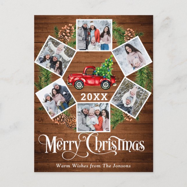 Christmas Retro Red Farm Truck Greeting 6 Photo Postcard (Front)
