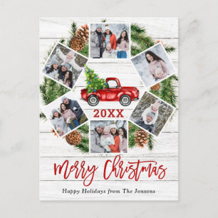 Christmas Retro Red Farm Truck Holiday 6 Photo Postcard