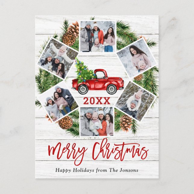 Christmas Retro Red Farm Truck Holiday 6 Photo Postcard (Front)