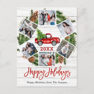 Christmas Retro Red Farm Truck Holiday 6 Photo Postcard