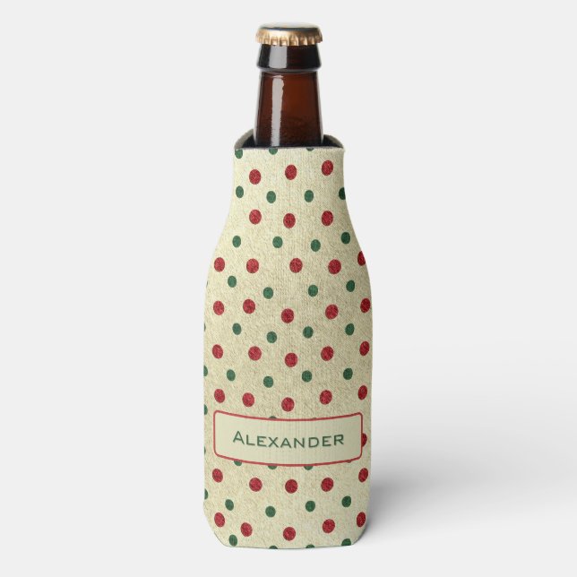 Christmas Retro Red Green Dots Pattern Bottle Cooler (Bottle Front)