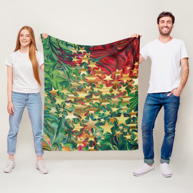 CHRISTMAS Retro Red Green Faux Gold Stars Fleece Blanket (In Situ)