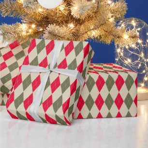 Christmas retro red sage green argyle elegant wrapping paper