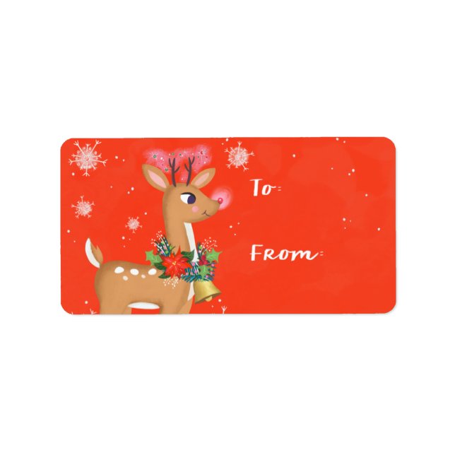 Christmas Retro Rudolph Reindeer Sticker Gift Tag (Front)