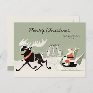 Christmas Retro Santa and moose sleigh CC1248  Postcard