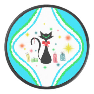 Christmas Retro Siamese Cat   Hockey Puck