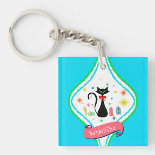 Christmas Retro Siamese Cat Personalise Name Keych Key Ring