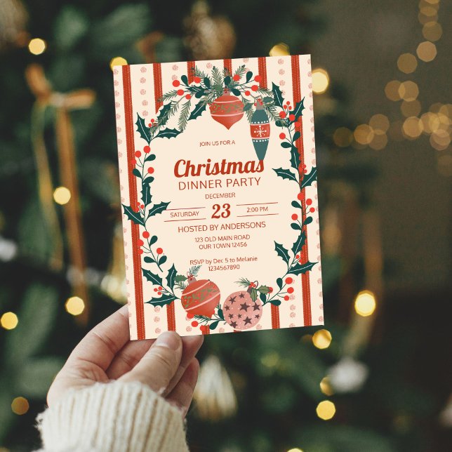 Christmas retro stripes grandmilenial dinner party invitation (Christmas retro red stripes vintage decor grand millennial dinner party invitation cards template )