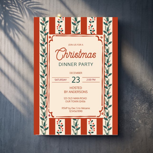 Christmas retro stripes grandmilenial dinner party invitation (Christmas retro red stripes grand millennial dinner party invitation cards template )