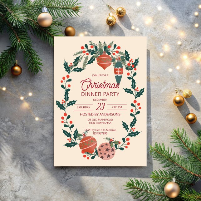 Christmas retro stripes grandmilenial dinner party invitation (Christmas retro stripes grand millennial dinner party invitation cards template)