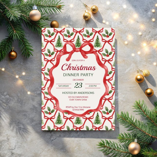 Christmas retro stripes grandmilenial dinner party invitation (Christmas retro red bow wavy border grandmilenial dinner party invitation cards template)