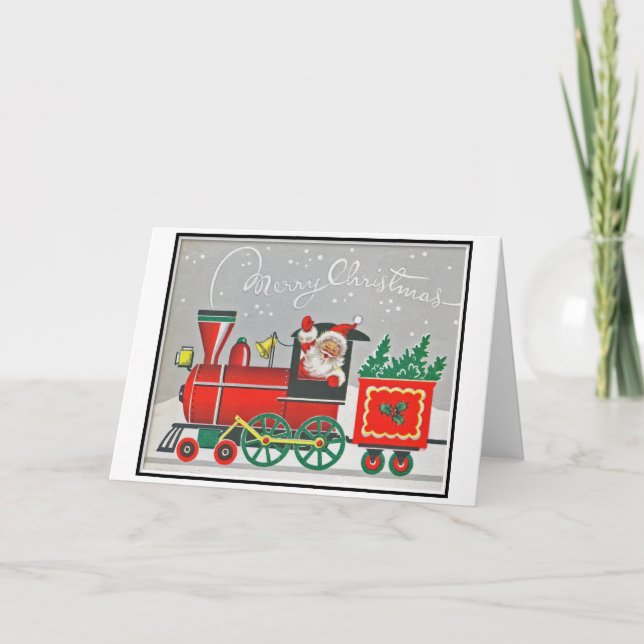 Christmas Retro Vintage Santa Red Train Holiday Card (Front)