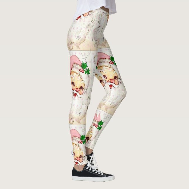 Christmas Retro Vintage Santa with Pink Hat Leggings (Right)