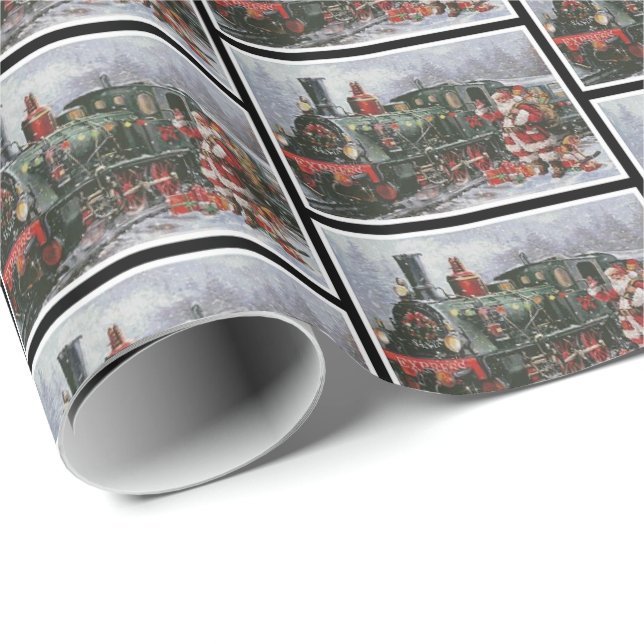 Christmas Retro Vintage Train Santa Antique Wrapping Paper (Roll Corner)