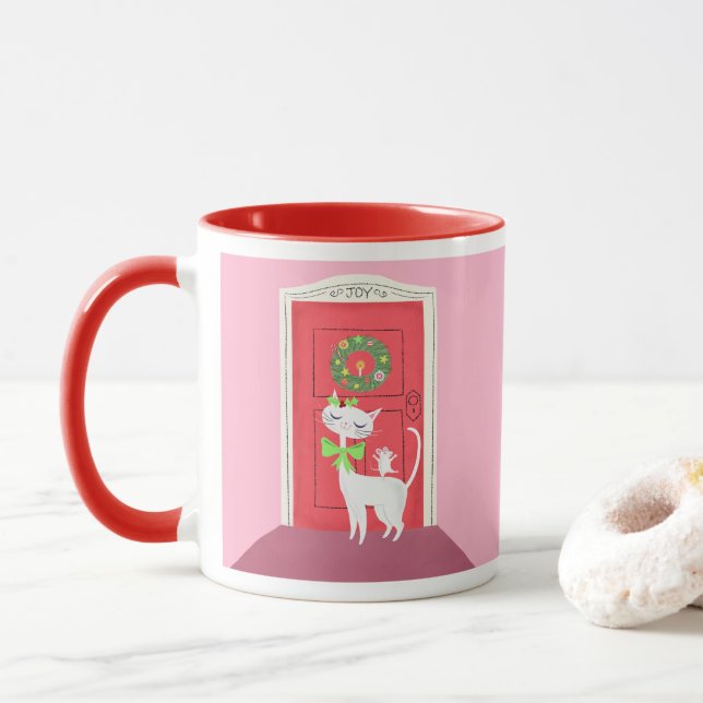 Christmas Retro White Cat and Mouse Pink Mug (With Donut)