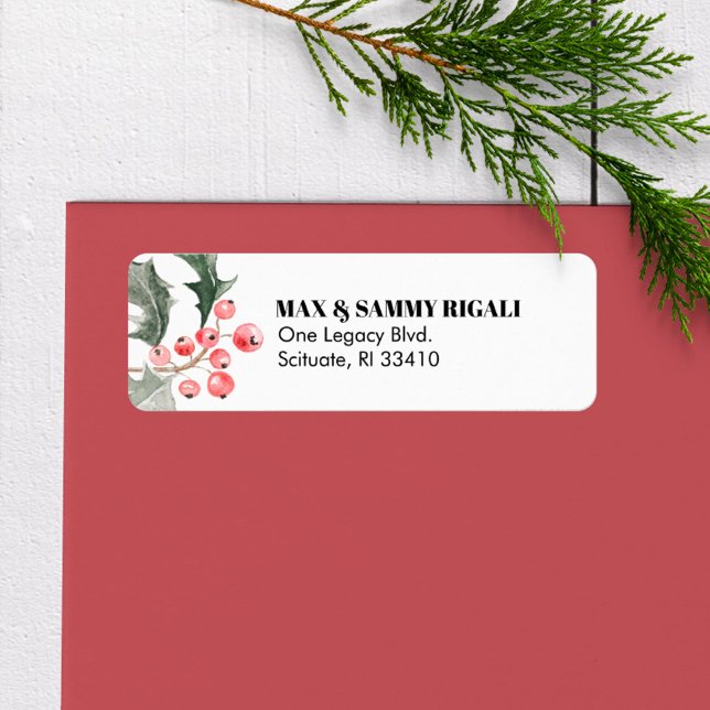 Christmas Return Address Label Holly & Berries (Return address labels Christmas watercolor red holly berries)