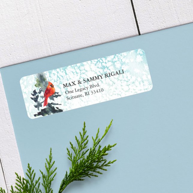 Christmas Return Address Label Wintery Scene (Return address labels watercolor winter pine tree and snow red cardinal mountains)