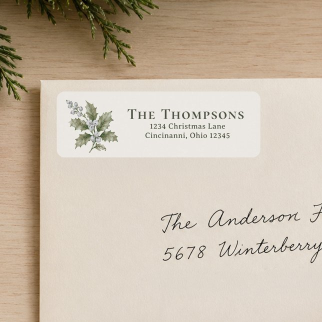 Christmas Return Address Winter Greenery  (Personalized green return address labels with elegant Christmas foliage and holly berries.)