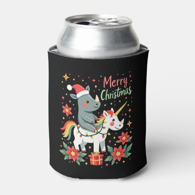 Christmas Rhino Merry Christmas Unicorn Rhino T-Sh Can Cooler (Can Front)