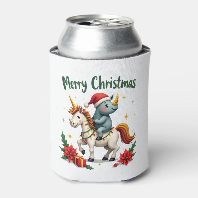 Christmas Rhino Merry Christmas Unicorn Rhino T-Sh Can Cooler (Can Front)