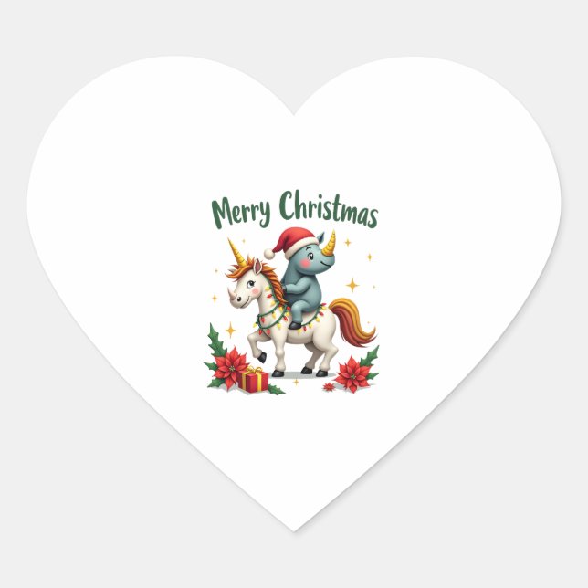 Christmas Rhino Merry Christmas Unicorn Rhino T-Sh Heart Sticker (Front)
