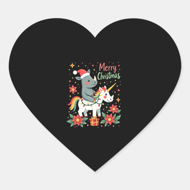 Christmas Rhino Merry Christmas Unicorn Rhino T-Sh Heart Sticker (Front)