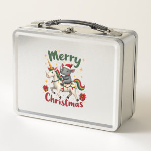 Christmas Rhino Merry Christmas Unicorn Rhino T-Sh Metal Lunch Box