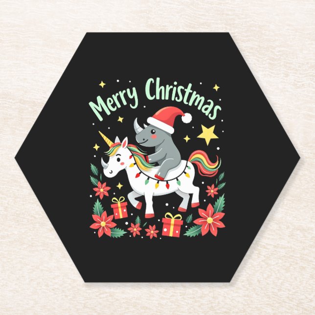 Christmas Rhino Merry Christmas Unicorn Rhino T-Sh Paper Coaster (Front)