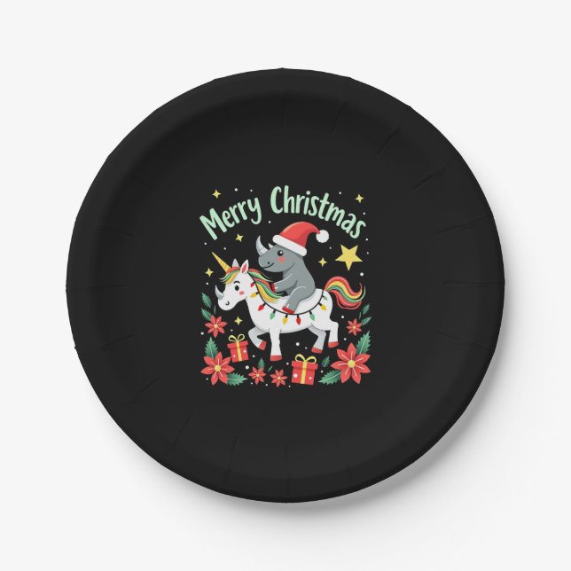 Christmas Rhino Merry Christmas Unicorn Rhino T-Sh Paper Plate (Front)