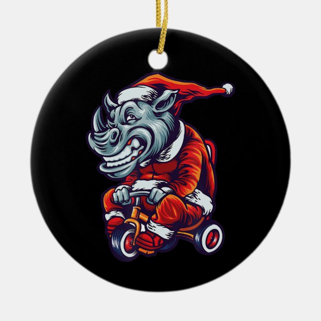 Christmas Rhino Santa Wearing Hat Merry Xmas Ceramic Tree Decoration (Front)