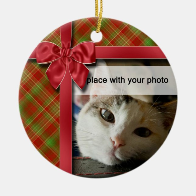 Christmas Ribbon and Plaid Photo Ornament (Front)