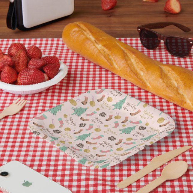  Christmas Ribbon Baubles Pink Square Paper Plate (Picnic)